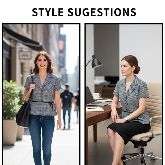 Sweet Suit Black White Checkered Peplum Blouse Top Jacket Collared Retro Chic 12 - Picture 1 of 11